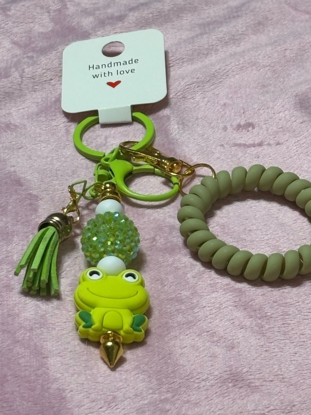 Handmade Green Frog Keychain Wristlet with Tassel